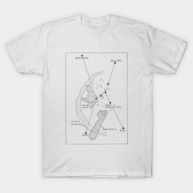 White cotton T-shirt with Orion constellation diagram, minimalistic design, perfect for astronomy enthusiasts.