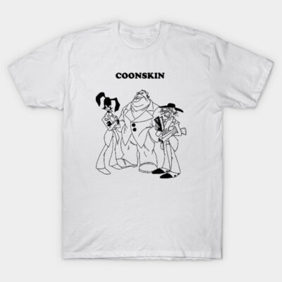 White graphic t-shirt featuring animated characters, casual wear, soft cotton material, unisex design.