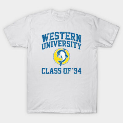 White "Western University Class of '94" t-shirt with blue text and dolphin graphic, casual cotton apparel for alumni.