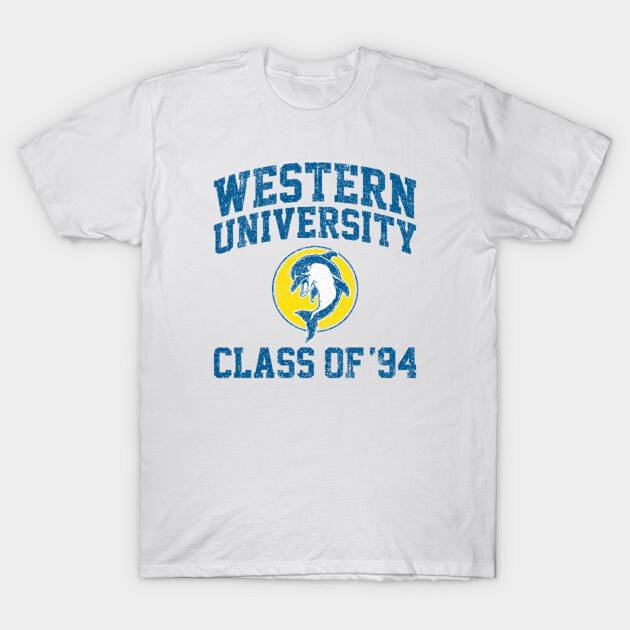 White "Western University Class of '94" t-shirt with blue text and dolphin graphic, casual cotton apparel for alumni.