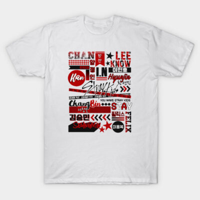 White graphic t-shirt with bold red and black text and symbols, casual style, suitable for everyday wear.