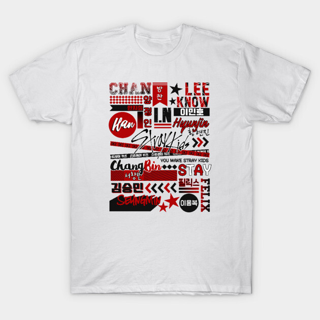 White graphic t-shirt with bold red and black text and symbols, casual style, suitable for everyday wear.