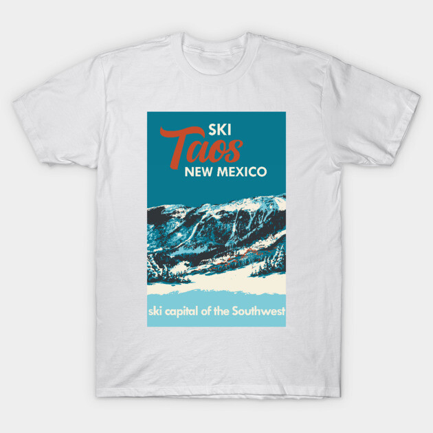 White T-shirt featuring "Ski Taos New Mexico" graphic, ideal for ski enthusiasts, soft cotton material.