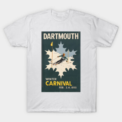 White "Dartmouth Winter Carnival 1950" t-shirt featuring vintage skiing poster design, perfect for casual wear.