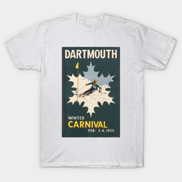 White "Dartmouth Winter Carnival 1950" t-shirt featuring vintage skiing poster design, perfect for casual wear.