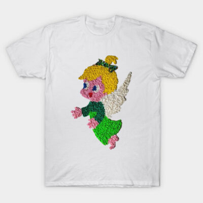 White T-shirt with colorful cartoon fairy embroidery, featuring green dress and wings. Casual wear for kids and adults.