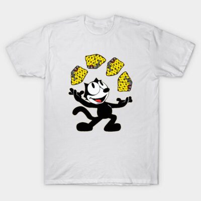 White t-shirt with cartoon cat juggling cheese design, casual wear, cotton fabric, unisex style.