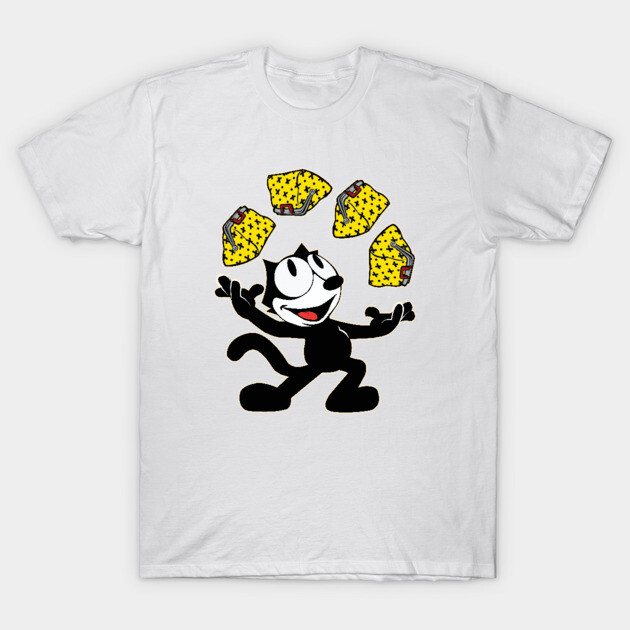 White t-shirt with cartoon cat juggling cheese design, casual wear, cotton fabric, unisex style.