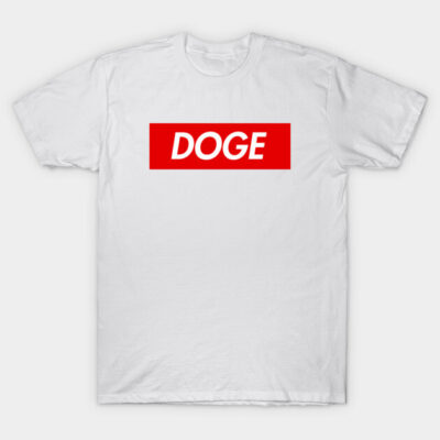 White cotton T-shirt with red "DOGE" graphic print, casual style, unisex design for everyday wear.