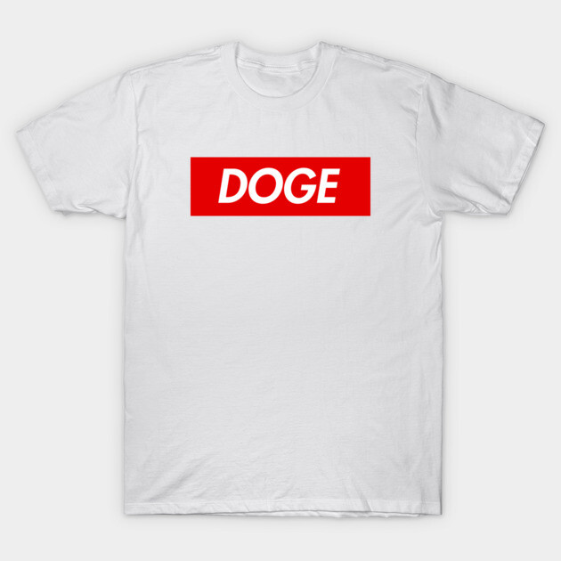 White cotton T-shirt with red "DOGE" graphic print, casual style, unisex design for everyday wear.