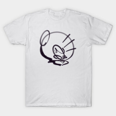 White T-shirt with black abstract cartoon design, casual style, made of soft cotton fabric, perfect for everyday wear.