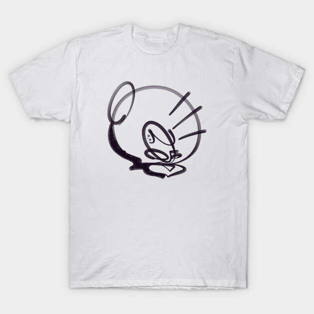 White T-shirt with black abstract cartoon design, casual style, made of soft cotton fabric, perfect for everyday wear.