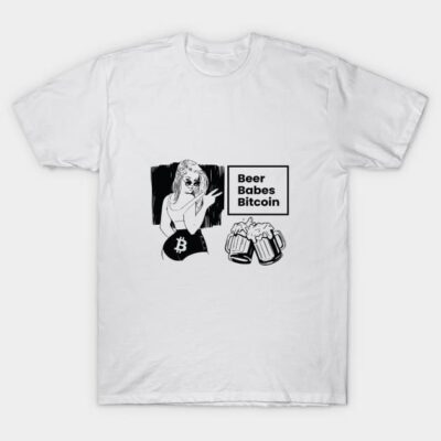 White T-shirt with black print featuring "Beer Babes Bitcoin" design, casual wear, cotton material, unisex style.