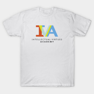 White cotton T-shirt with colorful "IVA" logo and "Intellectual Virtues Academy" text, casual style, unisex.