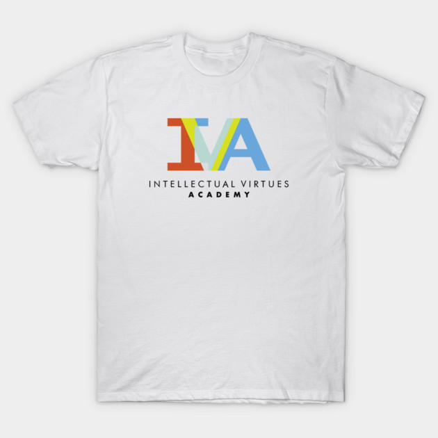 White cotton T-shirt with colorful "IVA" logo and "Intellectual Virtues Academy" text, casual style, unisex.