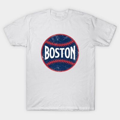 White cotton t-shirt with vintage Boston baseball logo, red and blue design, casual sportswear style.
