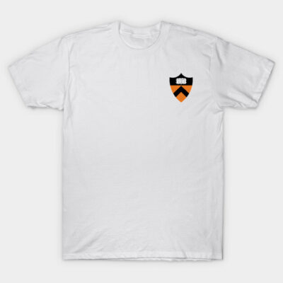 White cotton t-shirt with small black and orange crest design on chest, classic fit, casual wear.