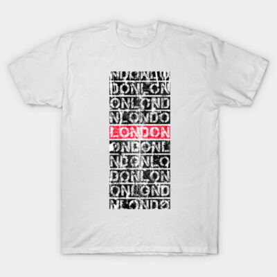 White t-shirt with bold black "London" text design, vertical alignment, casual style, ideal for everyday wear.