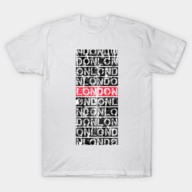 White t-shirt with bold black "London" text design, vertical alignment, casual style, ideal for everyday wear.