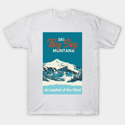 White t-shirt with "Ski Big Sky Montana" graphic, featuring snowy mountain design. Casual wear for ski enthusiasts.