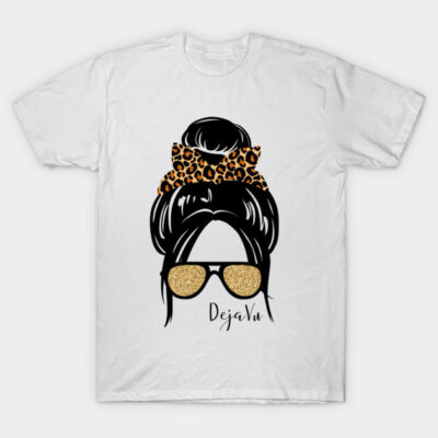 White graphic T-shirt with leopard print hair bow design, gold sunglasses, and "Deja Vu" text. Casual wear.