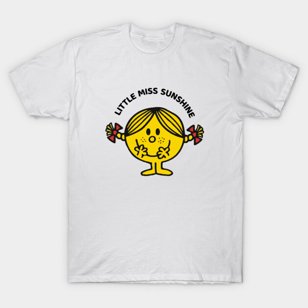 White Little Miss Sunshine T-shirt featuring colorful graphic design, casual style, cotton material, ideal for everyday wear.
