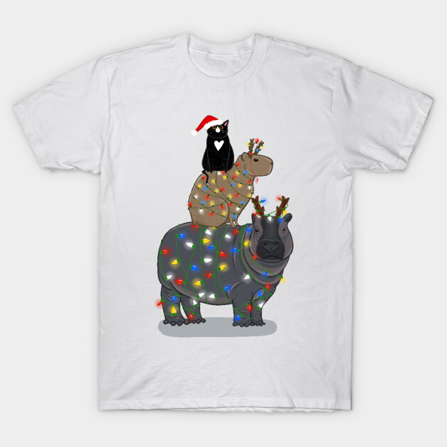 White Christmas t-shirt with festive animal design, featuring hippo, llama, and cat with lights and Santa hat.