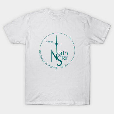 White "Camp North Star" t-shirt, vintage style, 100% cotton, casual wear, featuring teal logo design.
