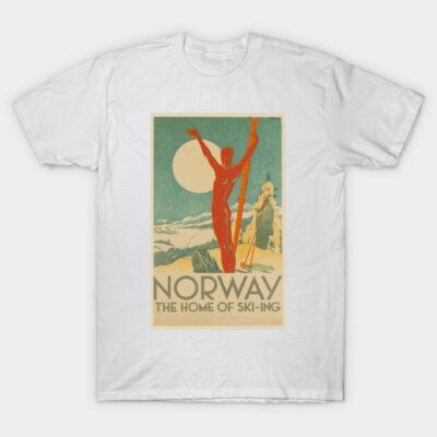 White t-shirt featuring vintage Norway skiing poster design, ideal for casual wear or travel enthusiasts.