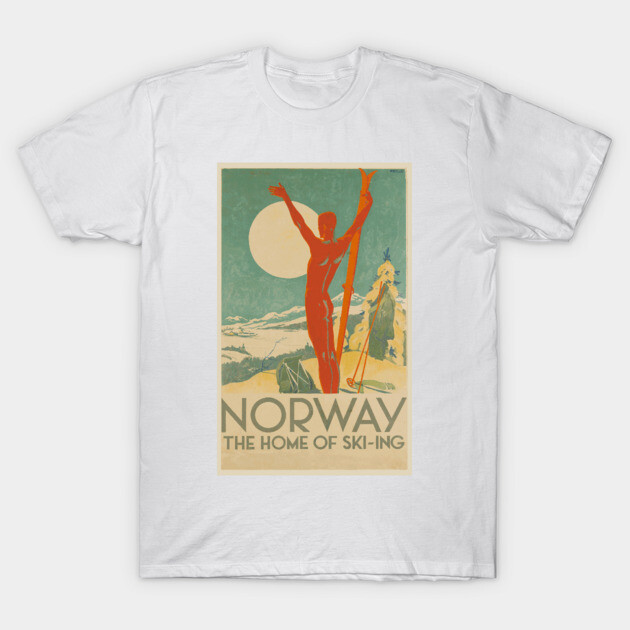White t-shirt featuring vintage Norway skiing poster design, ideal for casual wear or travel enthusiasts.