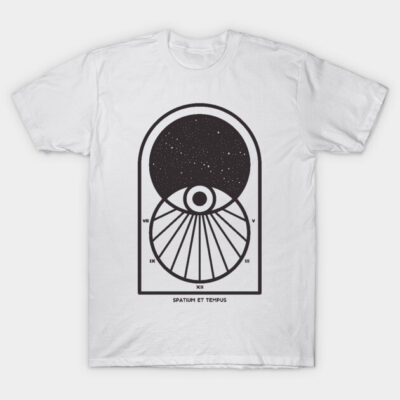 White t-shirt with black geometric space-themed design, featuring a circular graphic and text "Spatium et Tempus".