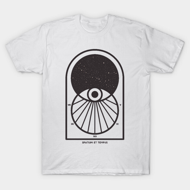 White t-shirt with black geometric space-themed design, featuring a circular graphic and text "Spatium et Tempus".