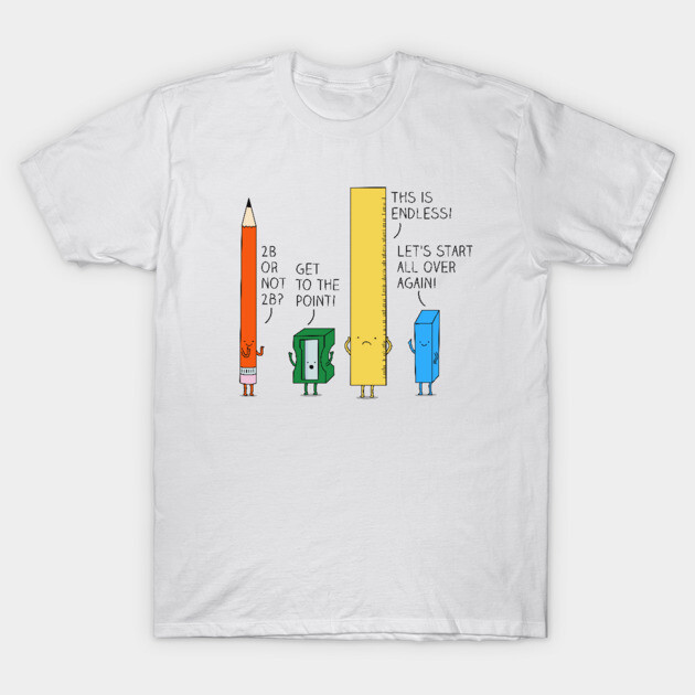 White cotton T-shirt with colorful cartoon stationery design, featuring pencil, sharpener, ruler, and eraser. Fun casual wear.