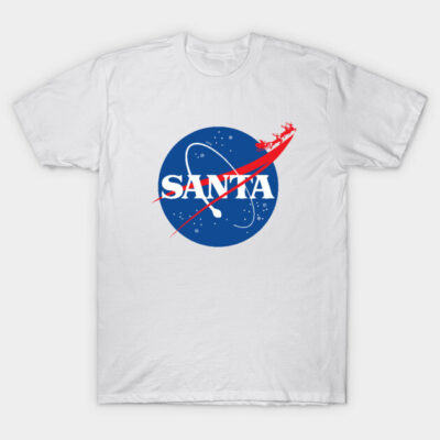 White t-shirt with blue and red Santa space-themed logo, casual cotton tee for holiday or everyday wear.