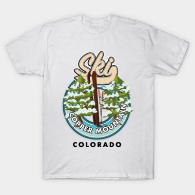 White t-shirt with "Ski Copper Mountain Colorado" graphic, featuring trees and skis, perfect for winter sports enthusiasts.