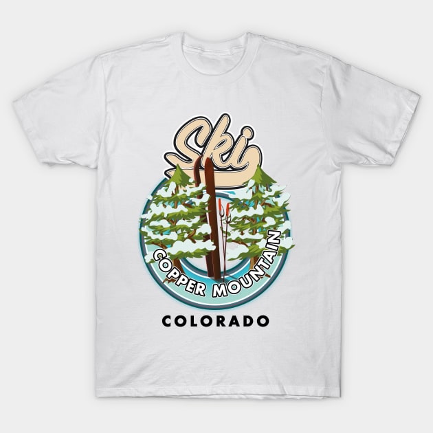 White t-shirt with "Ski Copper Mountain Colorado" graphic, featuring trees and skis, perfect for winter sports enthusiasts.