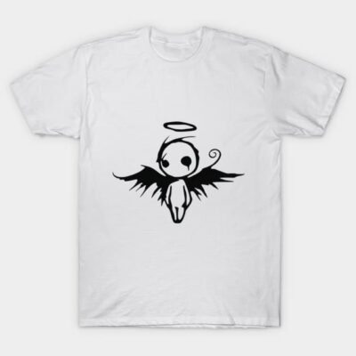 White t-shirt with black angel and wings graphic design, casual style, soft cotton material, unisex fit.