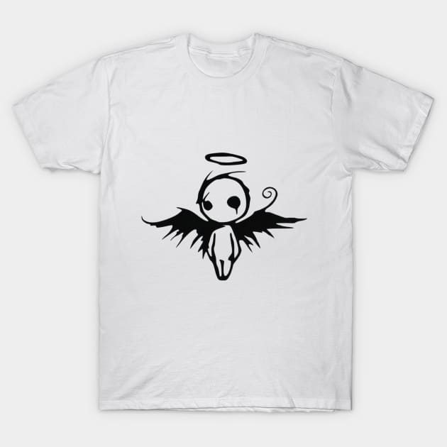 White t-shirt with black angel and wings graphic design, casual style, soft cotton material, unisex fit.