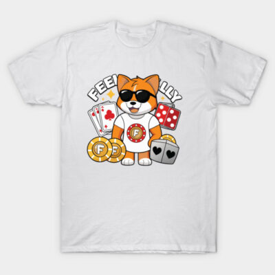 White graphic t-shirt with cool dog, sunglasses, poker chips, and playing cards design. Fun casual wear.