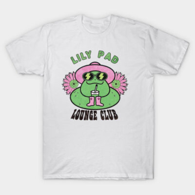 White t-shirt with colorful "Lily Pad Lounge Club" graphic featuring a frog in sunglasses and pink accessories.