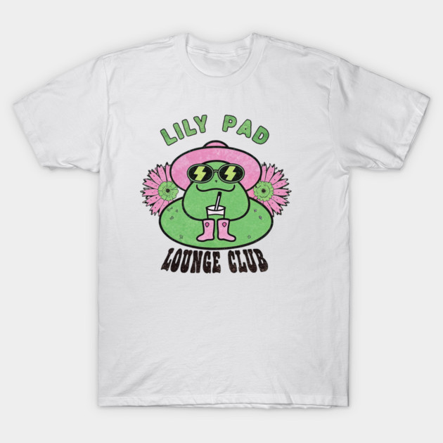 Lily Pad Lounge Club – Groovy Frog Vibes Tee T-Shirt 1 White t-shirt with colorful "Lily Pad Lounge Club" graphic featuring a frog in sunglasses and pink accessories.