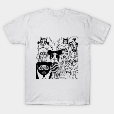 White T-shirt with abstract black graphic design, casual style, unisex, cotton material, perfect for everyday wear.
