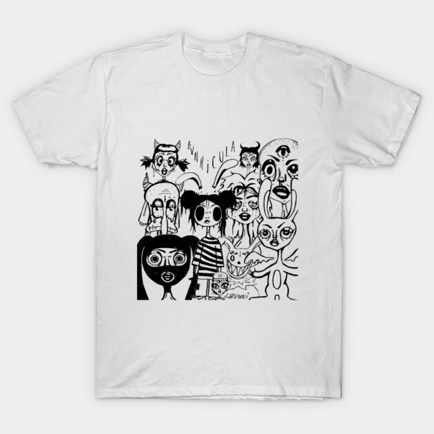 White T-shirt with abstract black graphic design, casual style, unisex, cotton material, perfect for everyday wear.