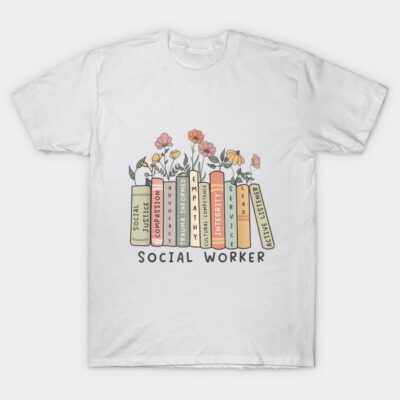 White t-shirt featuring colorful book and flower design with "Social Worker" text, perfect for casual wear.