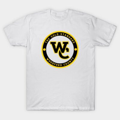 White T-shirt with black and yellow "The Gold Standard Woodford County" logo, casual wear, cotton fabric.