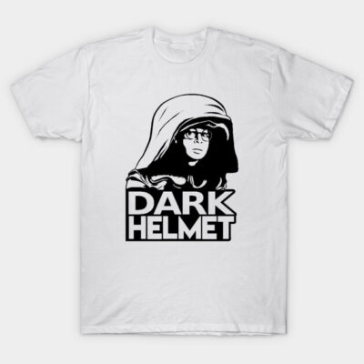 White t-shirt with bold black "Dark Helmet" graphic design, featuring a hooded character, ideal for casual wear.