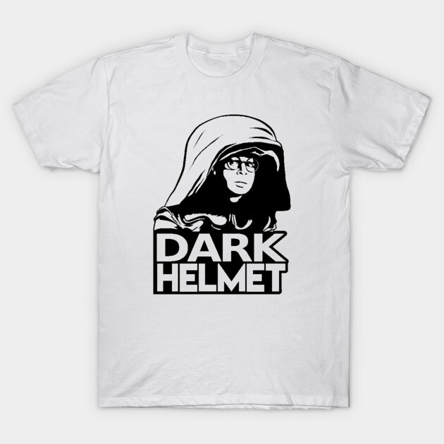 White t-shirt with bold black "Dark Helmet" graphic design, featuring a hooded character, ideal for casual wear.