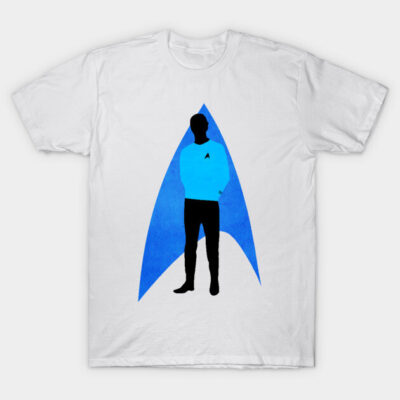 White T-shirt with blue silhouette design and abstract logo, casual wear, cotton material, unisex style.