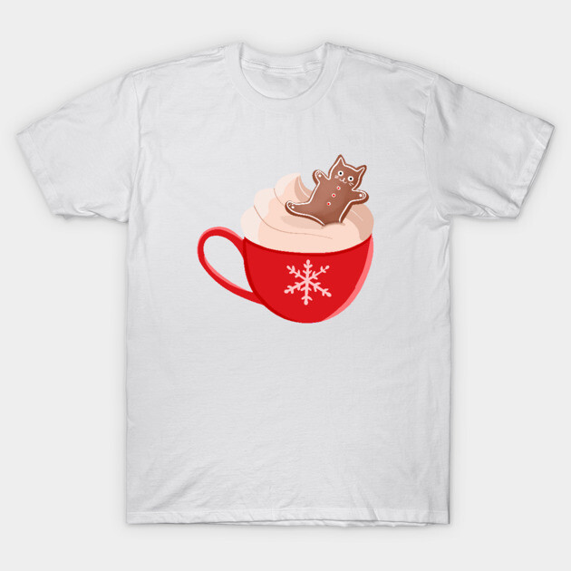 White T-shirt featuring a festive red mug with whipped cream and gingerbread cat design, perfect for holiday wear.
