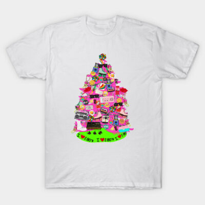 White t-shirt with colorful 80s-themed graphic, featuring retro icons in a Christmas tree shape. Cotton material, casual wear.